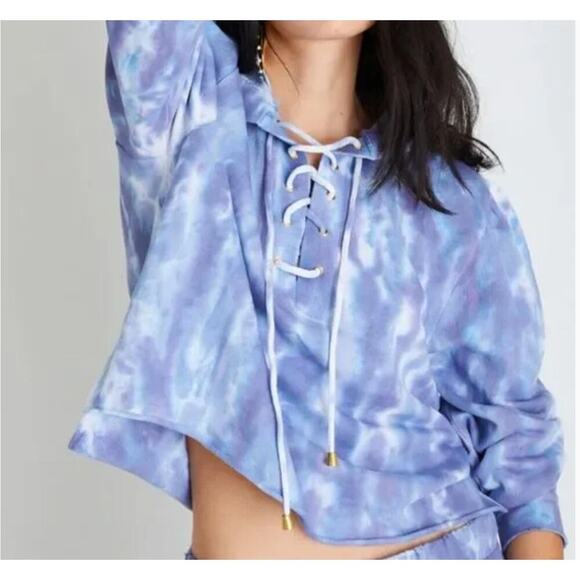 LoveShackFancy Tops - LoveShackFancy Bevan Hoodie Mood Indigo Hand Tie Dyed Lace Up